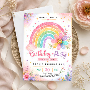 Convites Aniversário de 16 anos Glitter Rainbow Sweet
