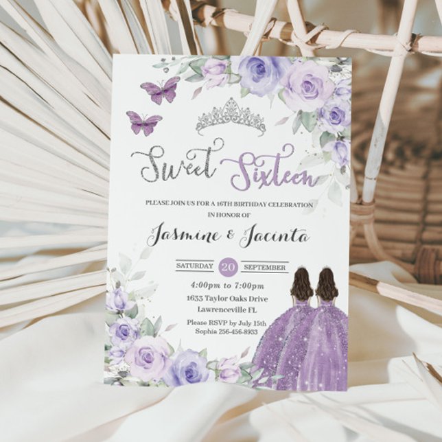 Convites Aniversário de 16 anos Lilás Roxo Floral Princesas (Criador carregado)