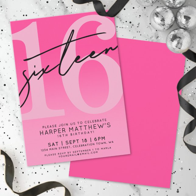 Convites Aniversário de 16 anos Rosa Quente (Hot Pink 16th Birthday Invitation)