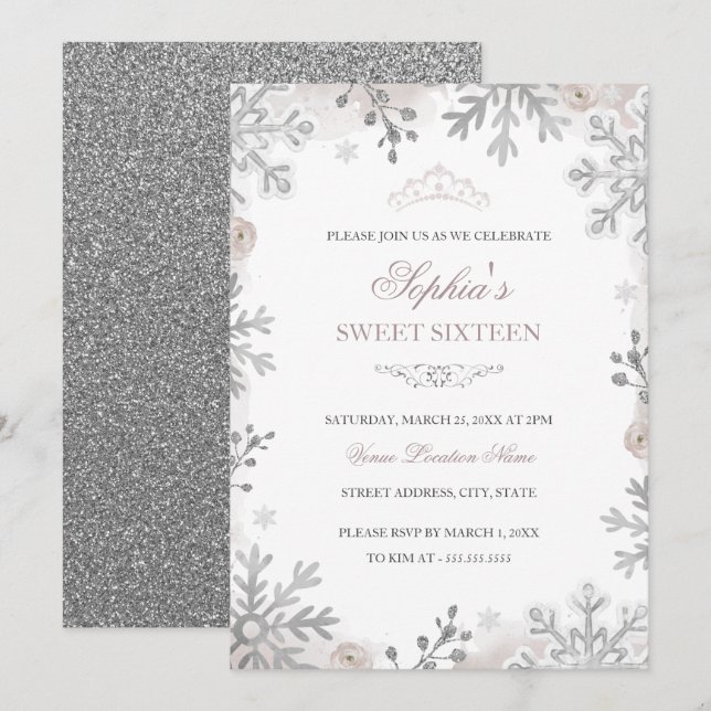 Convites Aniversário de 16 anos Silver Blush Winter Wonderl (Frente/Verso)