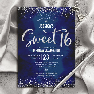 Convites Aniversário de 16 anos Silver Script Navy Watercol
