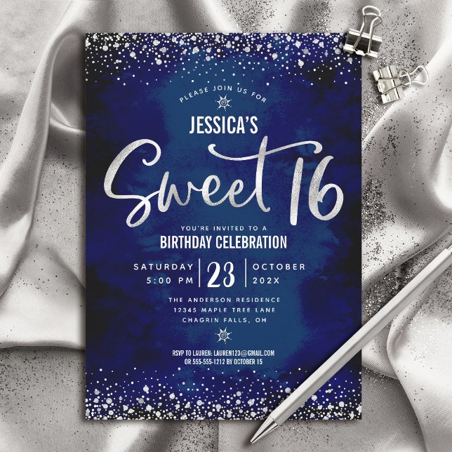 Convites Aniversário de 16 anos Silver Script Navy Watercol (Criador carregado)