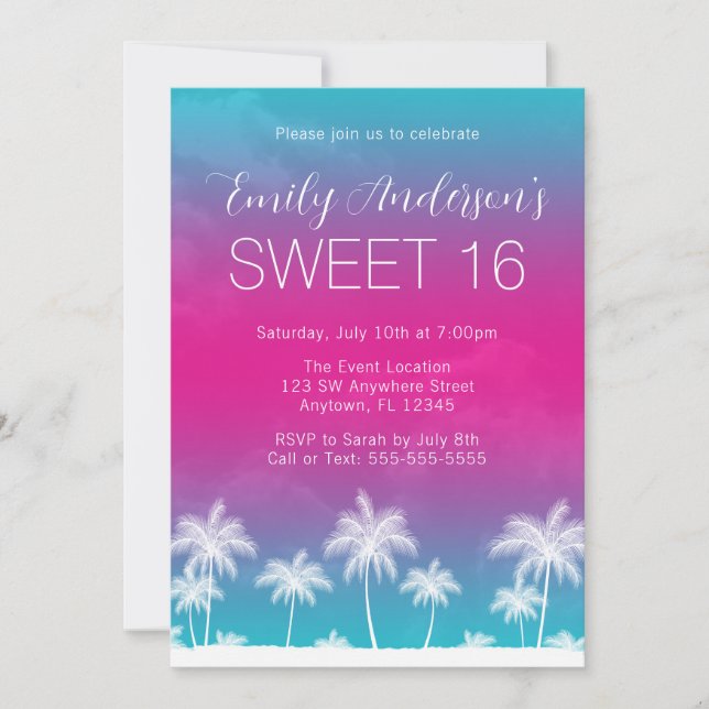 Convites Aniversário de 16 anos Tropical Teal Rosa (Frente)