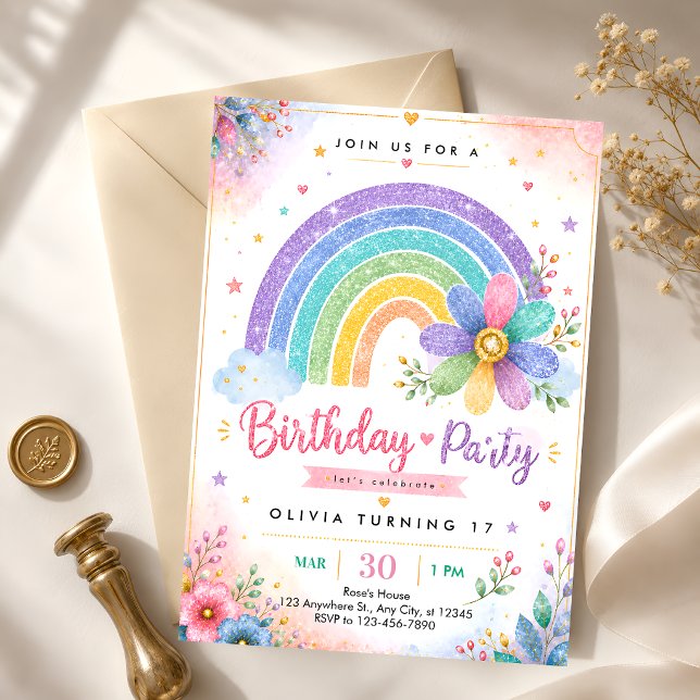 Convites Aniversário de 17 anos Glitter Rainbow (Criador carregado)