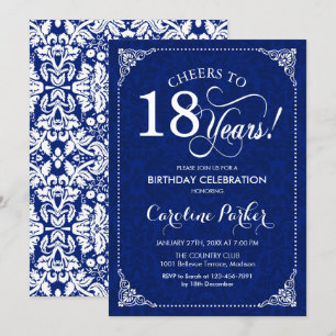 Convites Aniversário de 18 anos - Damask Branco Azul-Marinh