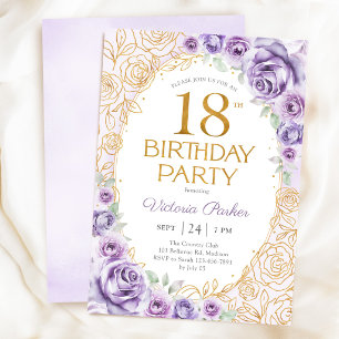 Convites Aniversário de 18 anos Floral Lilás Roxo Dourado