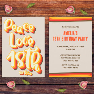 Convites Aniversário de 18 anos Paz Amor Retro Groovy Pôr d