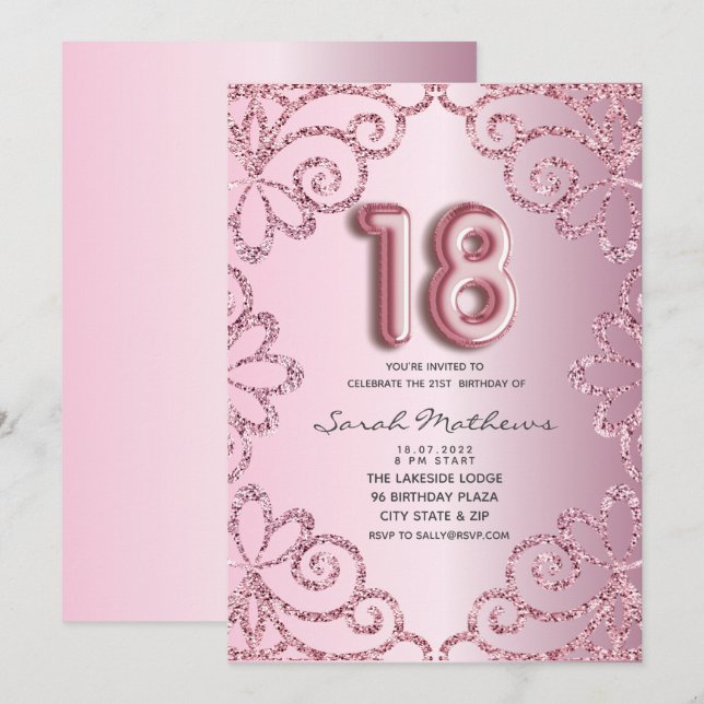 Convites Aniversário de 18 anos Rosa Brilho Princesa  (Frente/Verso)