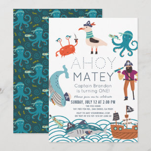 Convites Aniversário de 1 ano Ahoy Matey Pirata Animais Mar