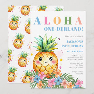 Convites Aniversário de 1 ano Aloha Onederland Abacaxi Trop