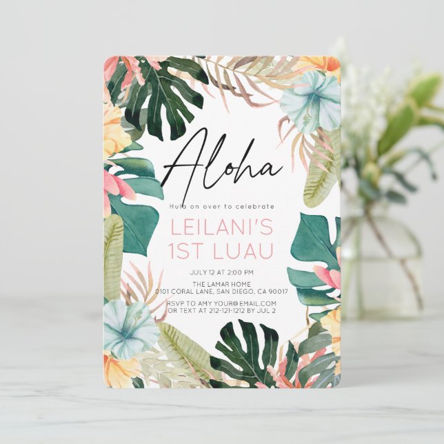 Convites Aniversário de 1 ano Aloha Tropical Floral & Botân (Em pé/Frente)
