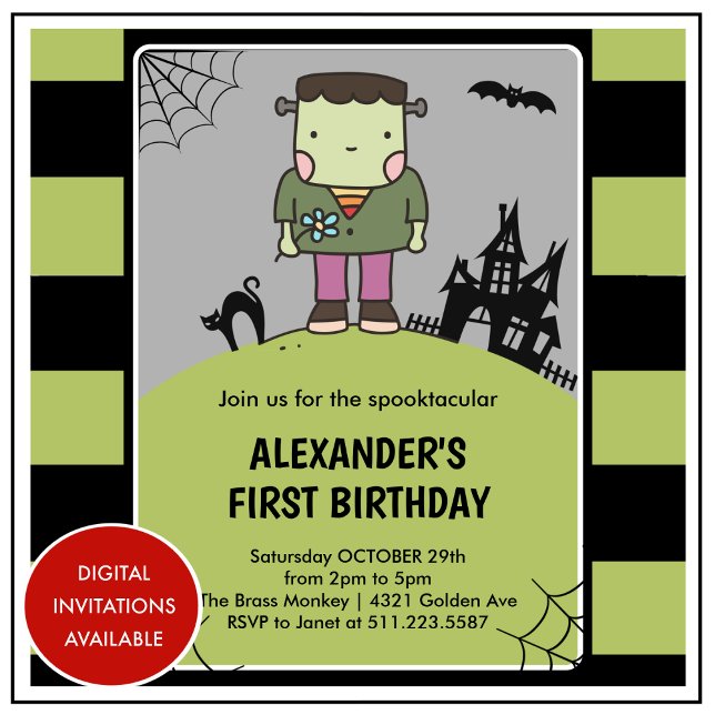 Convites Aniversário de 1 ano assustador do Halloween frank (Halloween-1st-birthday-invitation-spooktacular-frankenstein-1)