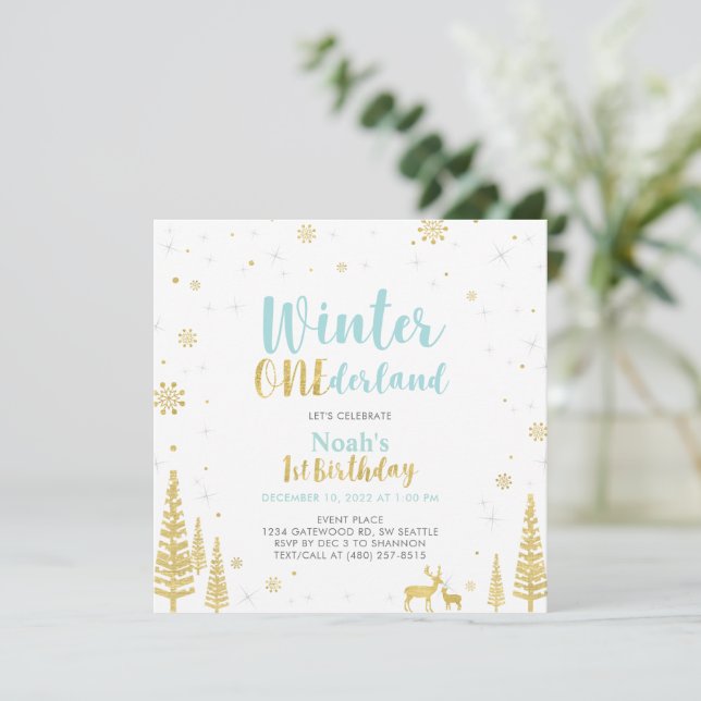 Convites Aniversário de 1 ano Blue & Gold Winter Onederland (Em pé/Frente)