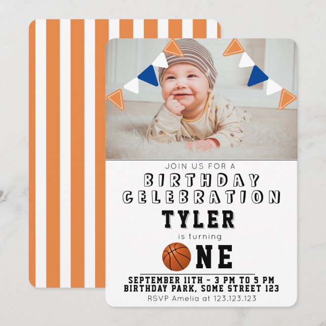 Convites Aniversário de 1 ano Bolas de Basquetebol Fofas Fo (Frente/Verso)
