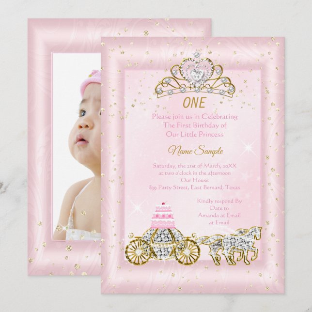 Convites Aniversário de 1 ano Cinderela Carruagem Rosa Blus (Frente/Verso)