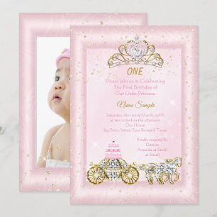Convites Aniversário de 1 ano Cinderela Carruagem Rosa Blus