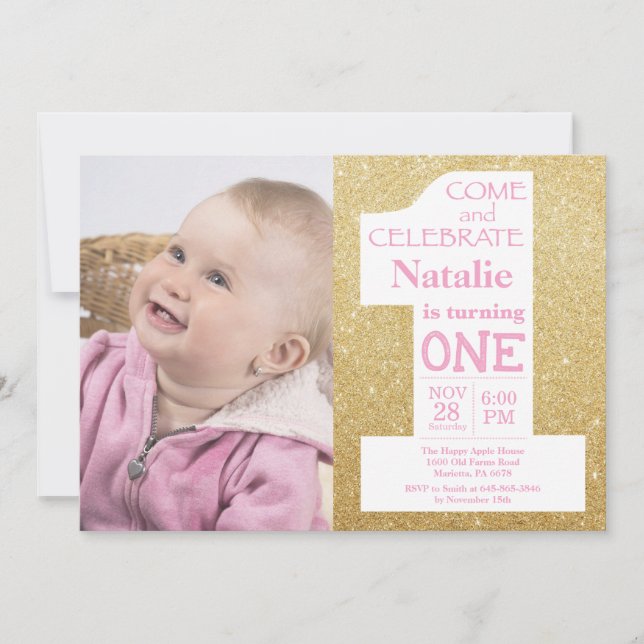 Convites Aniversário de 1 ano com Brilho Dourado e Foto Cor (Frente)