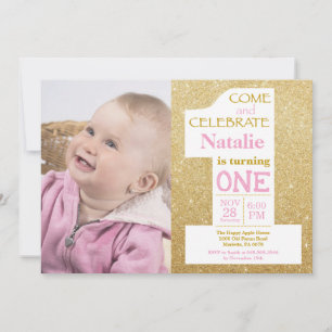 Convites Aniversário de 1 ano com Brilho Dourado e Foto Cor