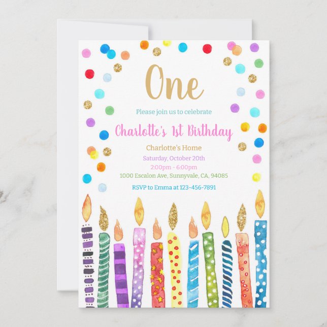 Convites Aniversário de 1 ano com Confetes de Arco-íris Pas (Frente)