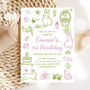 Convites Aniversário de 1 ano com Páscoa Rosa e Verde