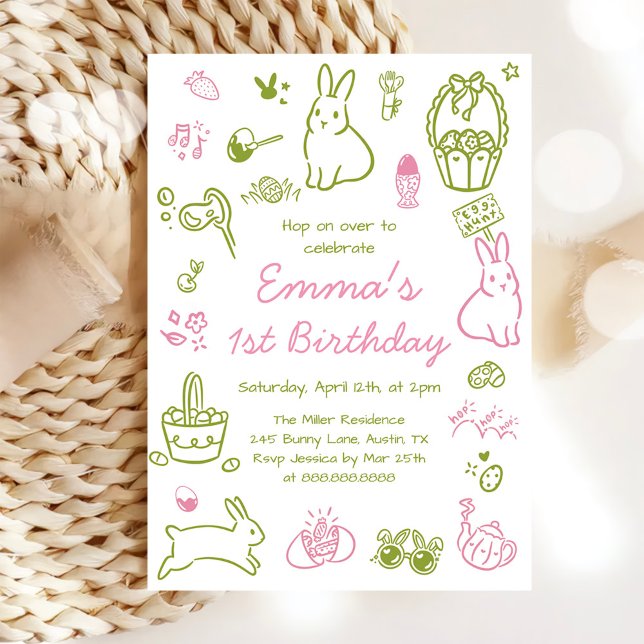 Convites Aniversário de 1 ano com Páscoa Rosa e Verde (Criador carregado)