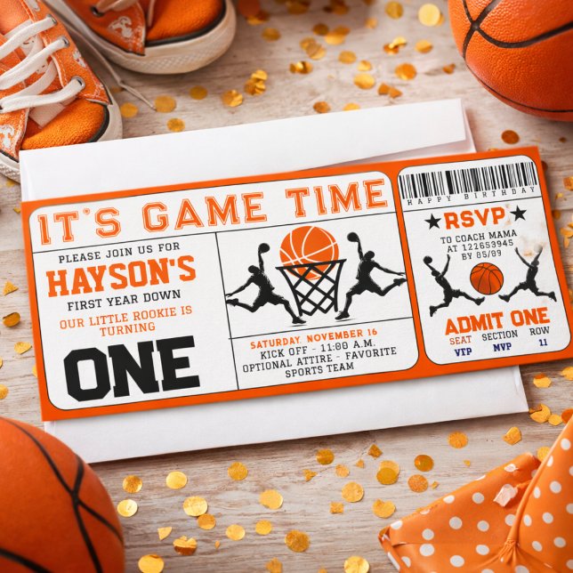 Convites Aniversário de 1 ano com tema de Basquete Ingresso (Basketball First Year Down Ticket 1st Birthday Invitation)