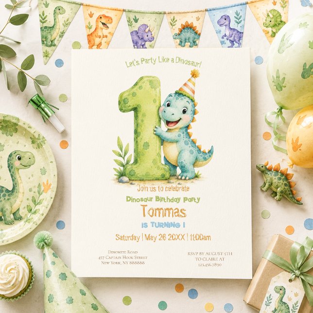 Convites Aniversário de 1 ano com tema de Dinossauro Fofo (Criador carregado)