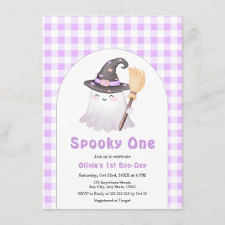 Convites Aniversário de 1 ano com tema Spooky Purple Gingha