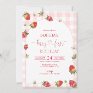 Convites Aniversário de 1 Ano com Xadrez Rosa e Frutas