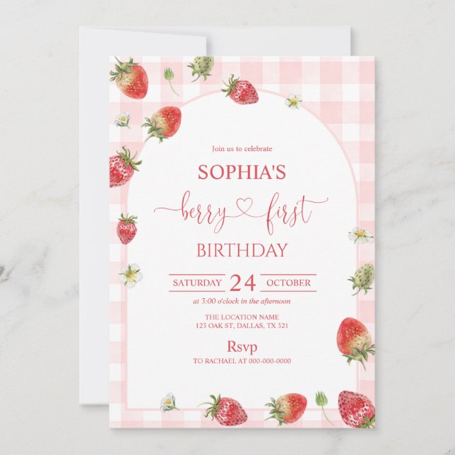 Convites Aniversário de 1 Ano com Xadrez Rosa e Frutas (Frente)