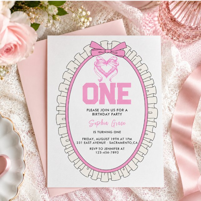 Convites Aniversário de 1 ano Coquete com Laço Rosa Fofo (Cute Pink Bow Coquette 1st Birthday Invitation)