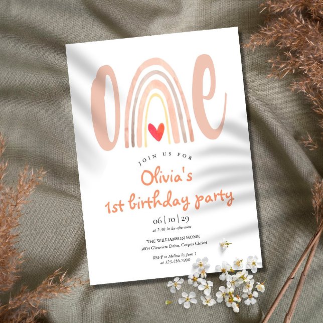 Convites Aniversário de 1 ano Coração Arco-íris Boho Aquare (Criador carregado)