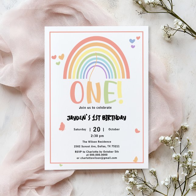 Convites Aniversário de 1 ano Cute Pastel Arco-íris (Criador carregado)