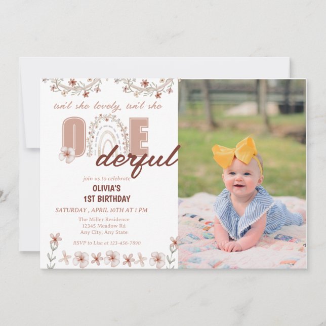 Convites Aniversário de 1 ano da Menina | Arco-íris Boho (Frente)
