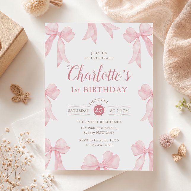 Convites Aniversário de 1 ano da Menina com Laço Rosa (Criador carregado)