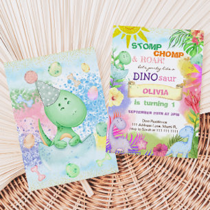 Convites Aniversário de 1 ano da Menina Dinossauro Floral T