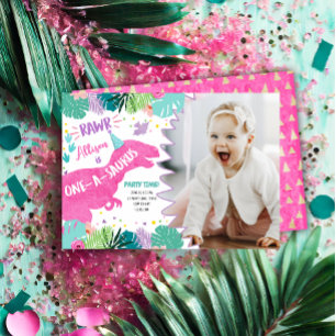 Convites Aniversário de 1 ano da Menina Dinossauro Rosa Pri