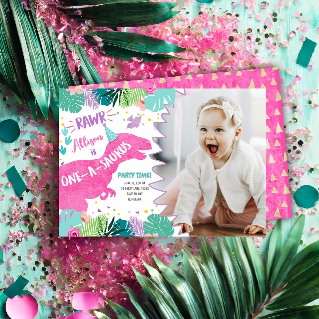 Convites Aniversário de 1 ano da Menina Dinossauro Rosa Pri (Criador carregado)
