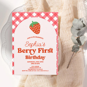 Convites Aniversário de 1 ano da menina morango rosa vermel