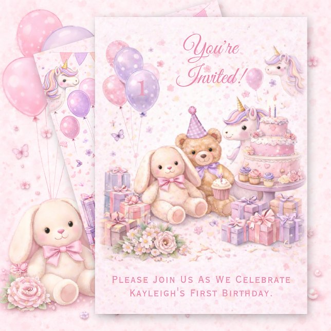 Convites Aniversário de 1 ano da Menina Rosa | (Criador carregado)