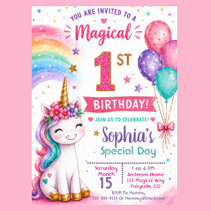 Convites Aniversário de 1 ano da Menina Unicórnio Mágico