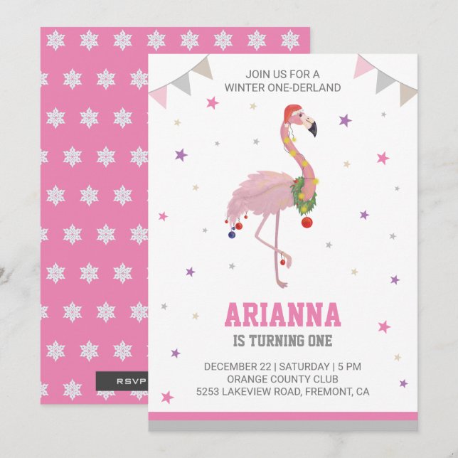 Convites Aniversário de 1 ano da ONEderland Flamingo Rosa M (Frente/Verso)