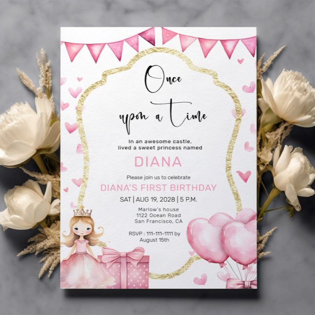 Convites Aniversário de 1 ano da Pequena Princesa Rosa (Criador carregado)