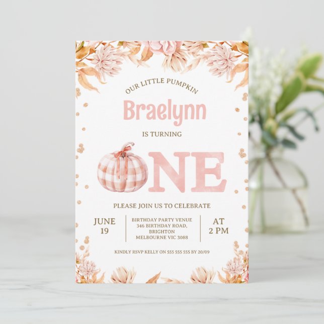 Convites Aniversário de 1 ano da Pumpkin com Rosa de Outono (Em pé/Frente)