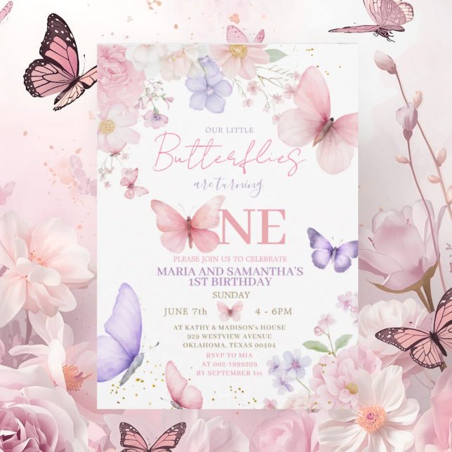 Convites Aniversário de 1 ano das gêmeas meninas Borboleta  (Criador carregado)