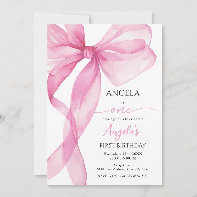 Convites Aniversário de 1 ano das Meninas com Laço Rosa (Frente)