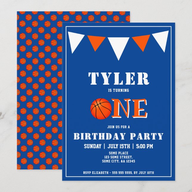 Convites Aniversário de 1 ano de Basquete Azul Fofo (Frente/Verso)