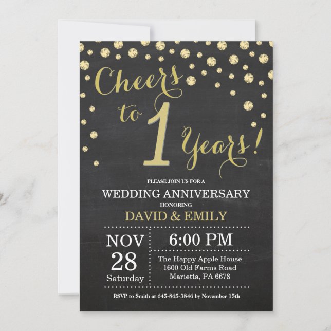 Convites Aniversário de 1 Ano de Casamento Quadro Negro e D (Frente)