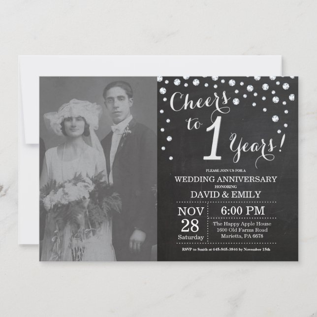 Convites Aniversário de 1 Ano de Casamento Quadro Negro Pra (Frente)