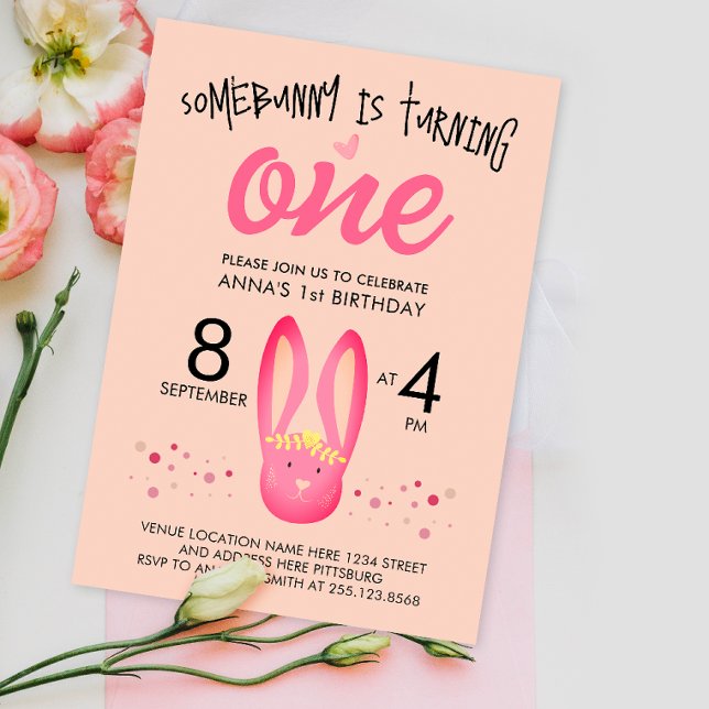 Convites Aniversário de 1 ano de Coelhinha Rosa Pastel Fofa (Criador carregado)